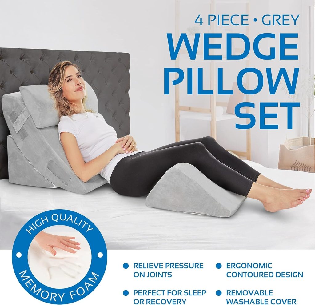 4 PC Bed Wedge Pillows Set - Orthopedic Wedge Pillow for Sleeping - Multi Angle Relief System for Back, Neck. Shoulder, and Leg Elevation Pillows | Acid Reflux, Anti Snoring - Machine Washable Cover