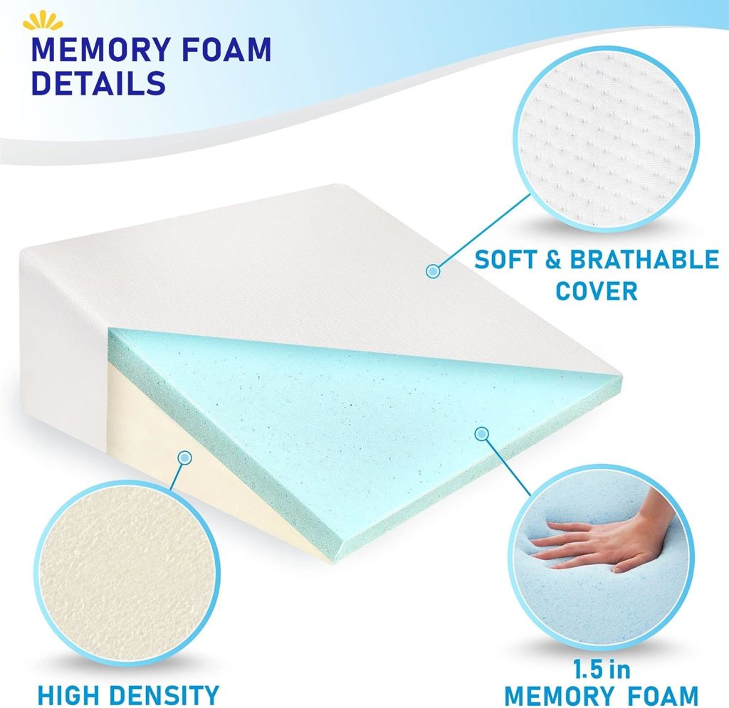 Bed Wedge Pillow Cooling Memory Foam Top – 10 24 24 Elevated Support Cushion, Triangle Wedge Pillow for Sleeping, Lower Back Pain, Acid Reflux, Heartburn, Allergies, Snoring – Removable Cover