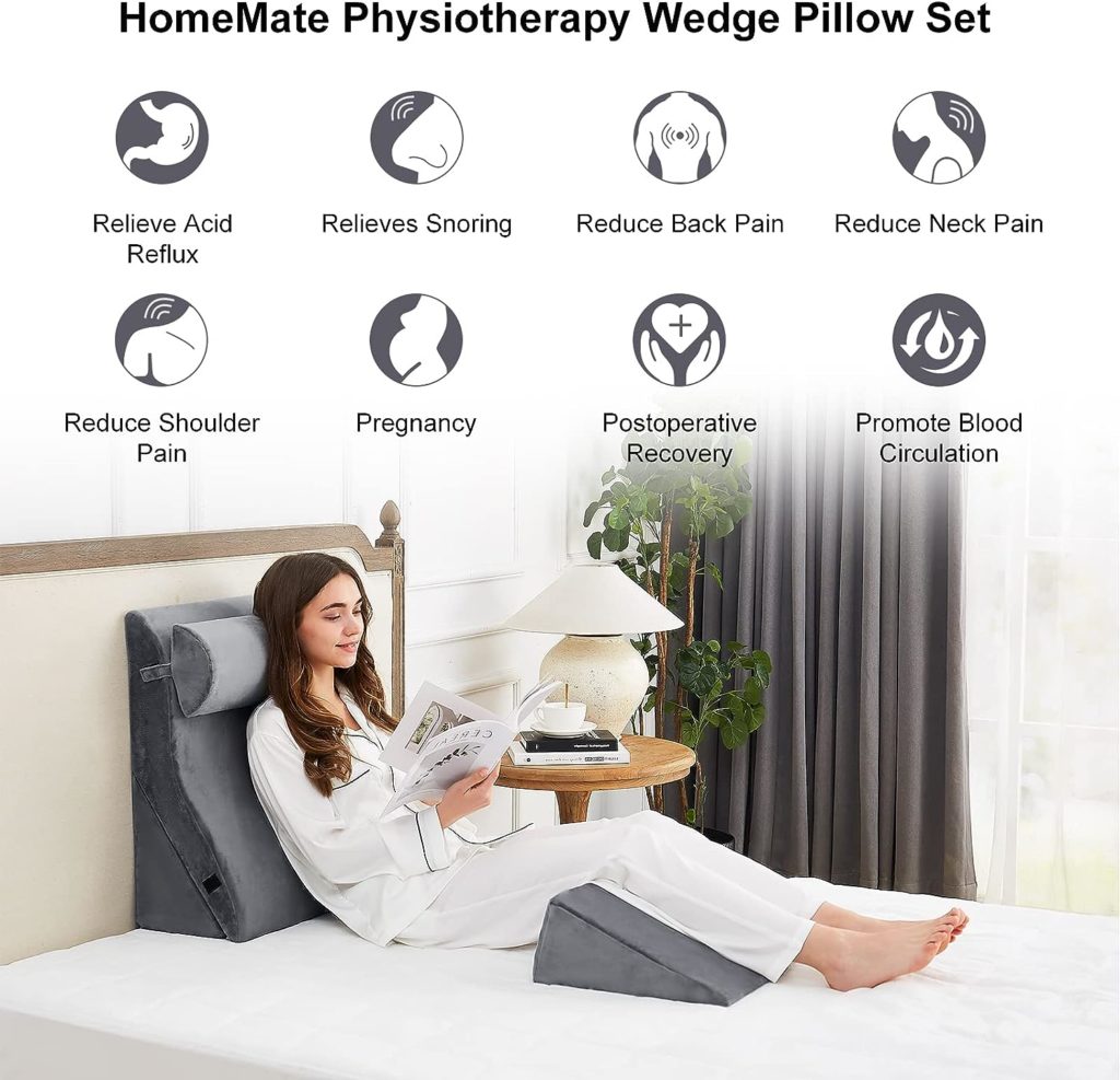 HomeMate 4PCS Orthopedic Bed Wedge Pillow Set, Post Surgery Foam Pillows for Neck, Back and Leg Pain Relief, Adjustable Wedge Pillow for Sleeping-Acid Reflux,Anti Snoring, GERD Sleeping  Heartburn