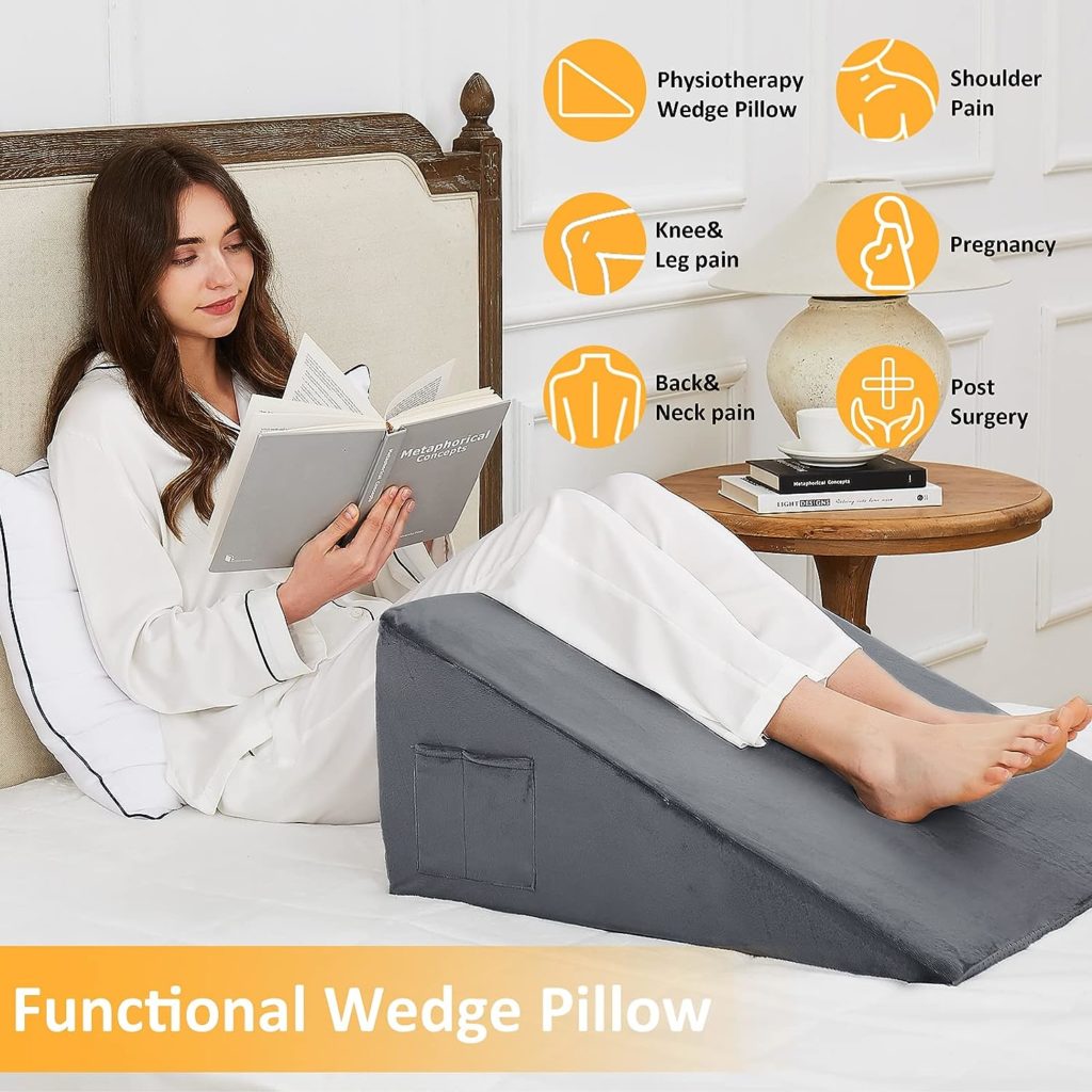 HomeMate Bed Wedge Pillow - 12 Elevated Support Wedge Pillow for Sleeping After Surgery, Triangle Foam Wedge Pillow for Acid Reflux Gerd, Back Support  Leg Incline Pillow for Bed, Washable Cover