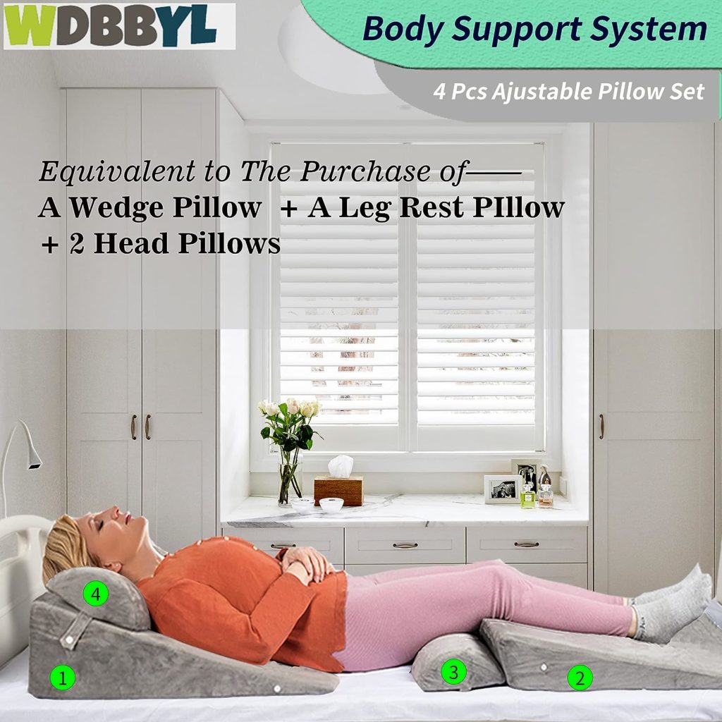 WDBBYL 4PCS Adjustable Bed Wedge Pillow Sleeping Support Set 100% Memory Foam for Post Suregery Recovery, Back Neck Leg Pain Relief,Acid Reflux and GERD,Sitting Reading Dark Gray