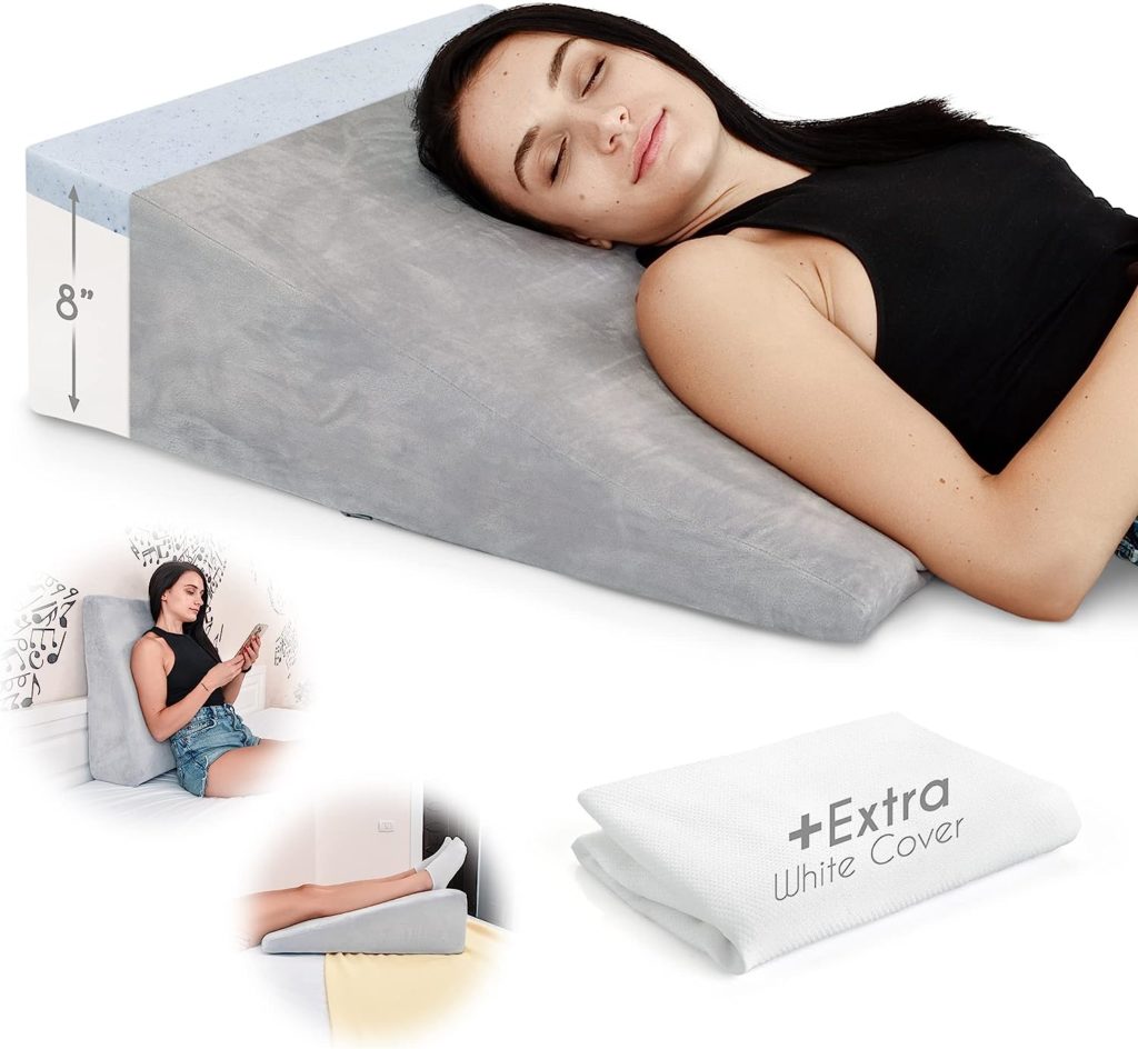 Bed Wedge Pillow Cooling Memory Foam Top – Elevated Support Cushion for Back  Neck Pain, Acid Reflux, Heartburn, Allergies  Snoring – Includes A EXTRA Ultra Soft White Washable Cover – 8 Inch Wedge