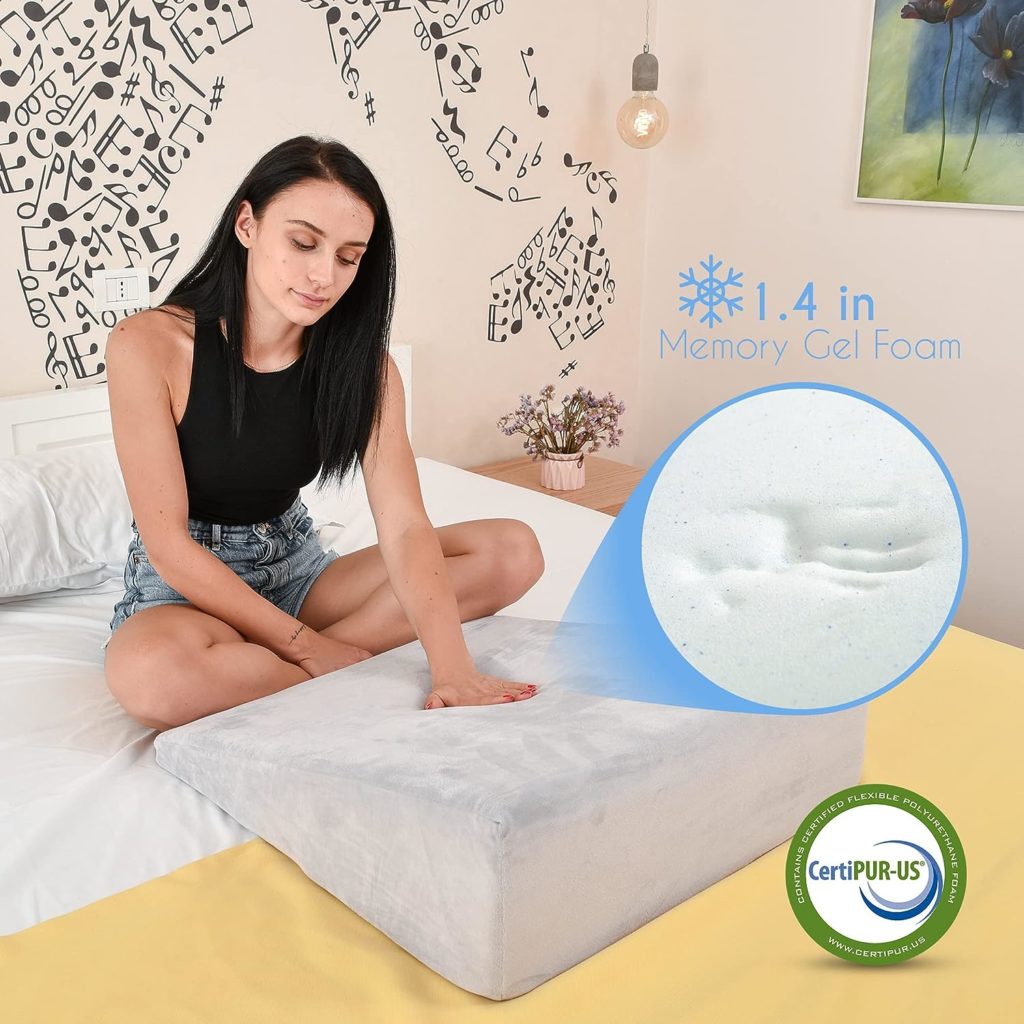 Bed Wedge Pillow Cooling Memory Foam Top – Elevated Support Cushion for Back  Neck Pain, Acid Reflux, Heartburn, Allergies  Snoring – Includes A EXTRA Ultra Soft White Washable Cover – 8 Inch Wedge
