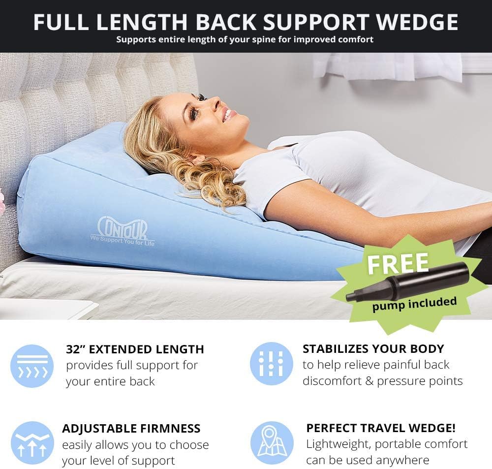 Contour Inflatable Back Support Relief Bed Wedge Cushion - Extended Length, Gradual Incline Wedge, (32 x 24 x 7)