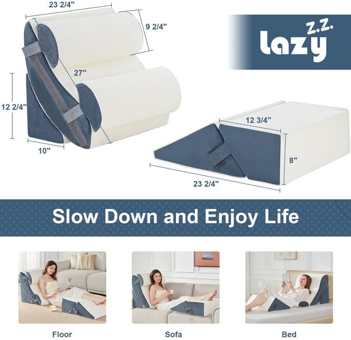 Lazyzizi 6pcs Orthopedic Bed Wedge Pillow Set Memory Foam for Knee, Lumbar and Back Pain Relief Adjustable Bed Pillow - Acid Reflux, Anti Snoring  GERD Sleeping, Grey