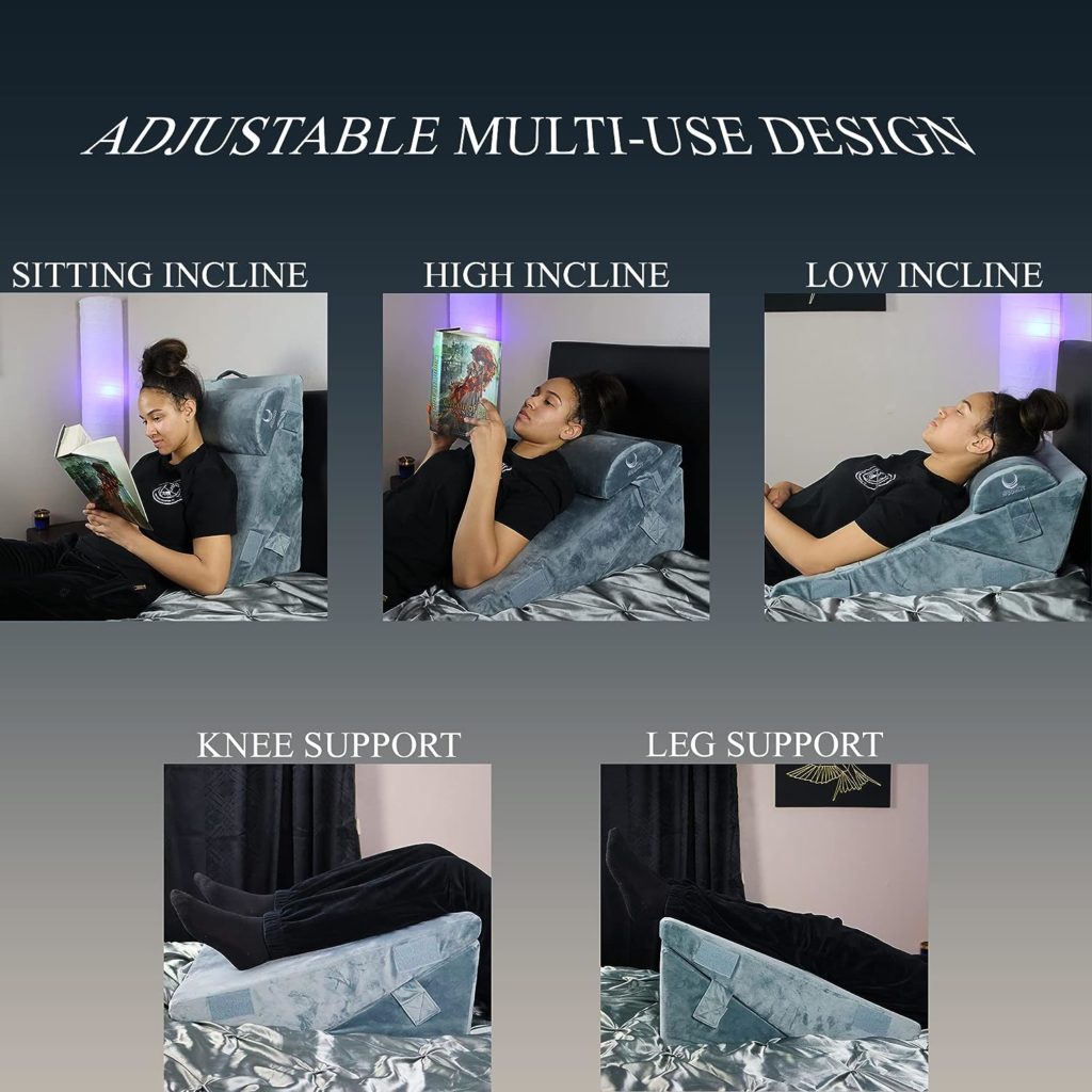 Moonlit Bed Wedge Pillow - Premium Adjustable Memory Foam Pillow for Sleeping - Post Sugery Relief for Neck, Leg, Back Pain - Versatily for Acid Reflux GERD Snore Relax (Velvet, Grey)
