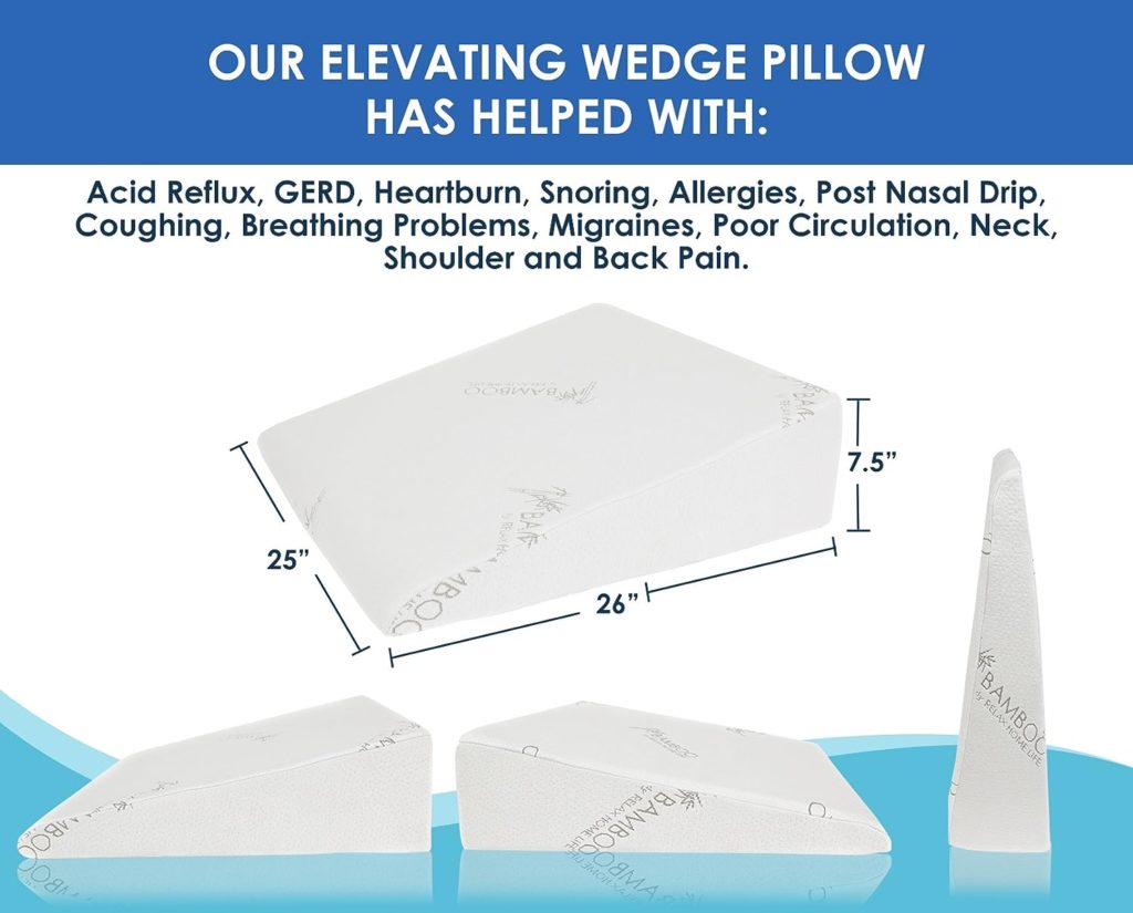Relax Home Life 7.5 Inch Bed Wedge Pillow for Acid Reflux, 1.5 Inch Memory Foam Top with Bamboo Cover, 25 W x 26 L x 7.5 H, White
