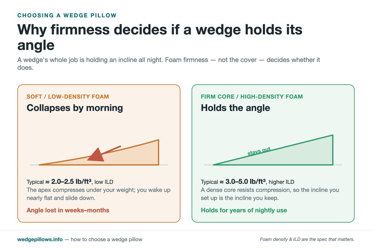 Comparison of a soft low-density wedge pillow that collapses overnight versus a firm high-density foam core that holds its incline angle, with ILD and density values.
