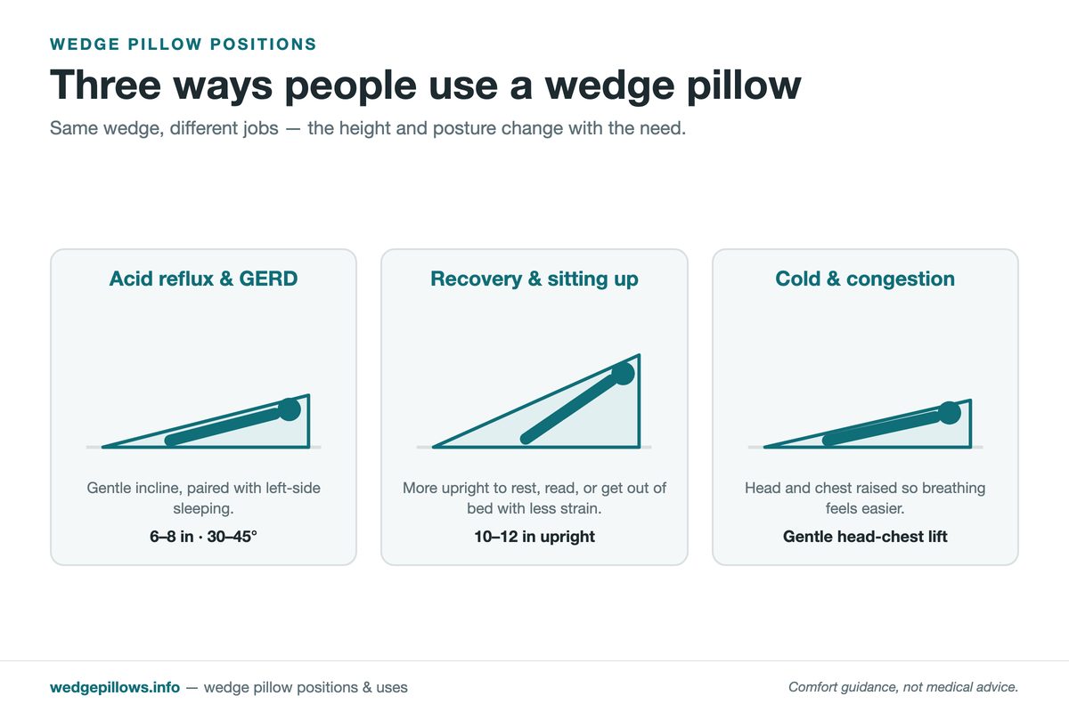 Three wedge pillow positions: a gentle reflux incline, a more upright recovery position, and a head-and-chest lift for congestion.