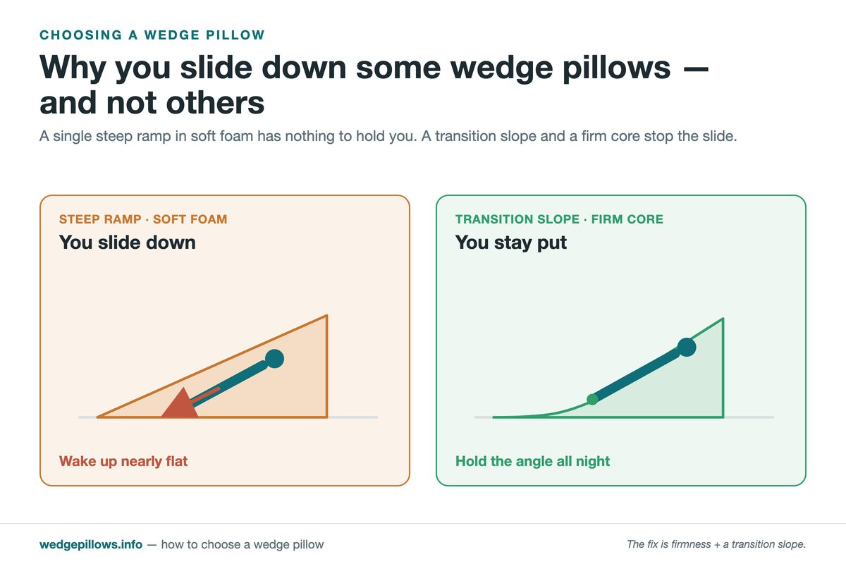 Comparison showing a steep soft-foam wedge that lets a sleeper slide down versus a wedge with a transition slope and firm core that holds the reclined position.