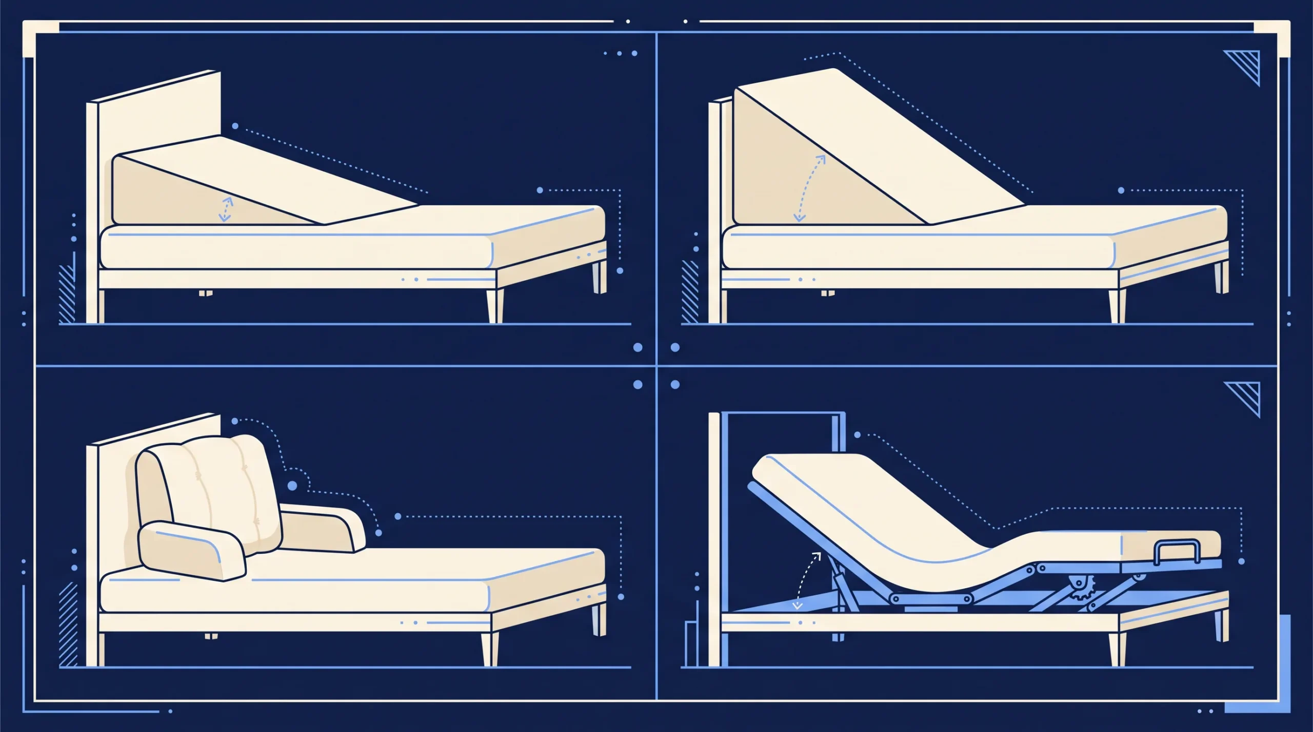 Side-view diagram comparing a low foam wedge, a tall foam wedge, a backrest reading pillow with arms and an adjustable bed base, each raising a sleeper's upper body to a different angle