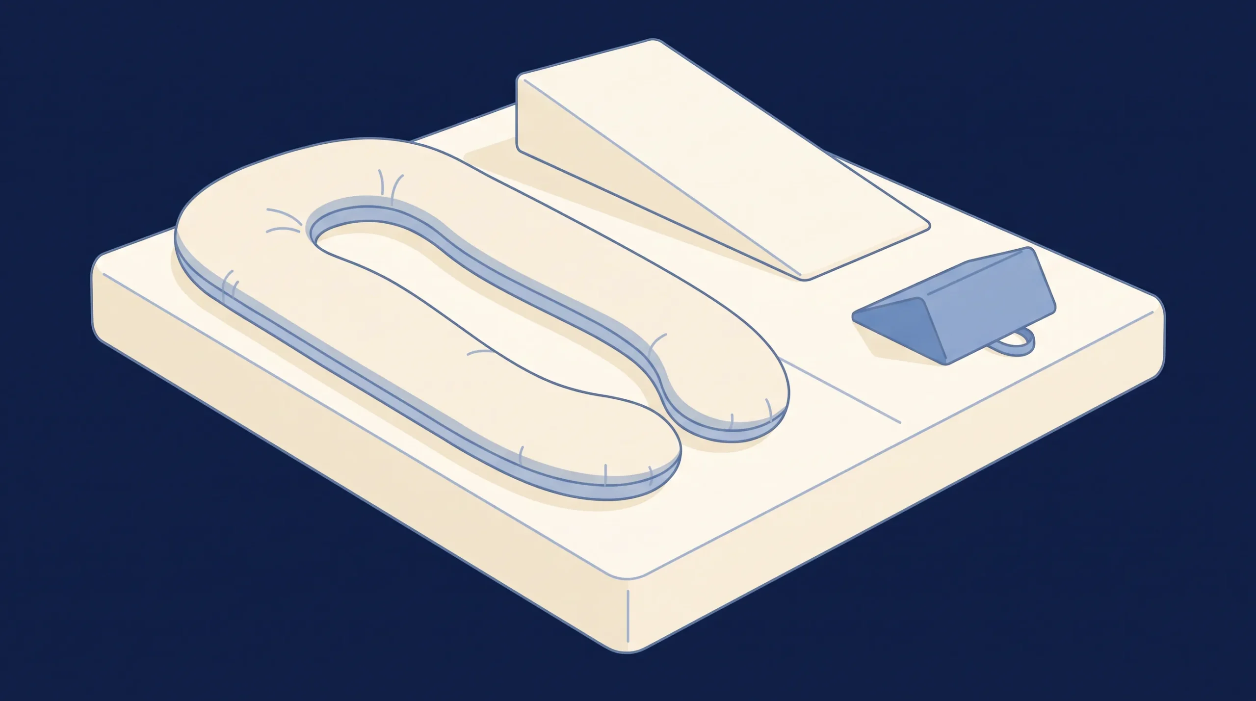 Side-by-side comparison on a bed: a small triangular pregnancy wedge pillow, a large foam bed wedge and a U-shaped full-body pregnancy pillow
